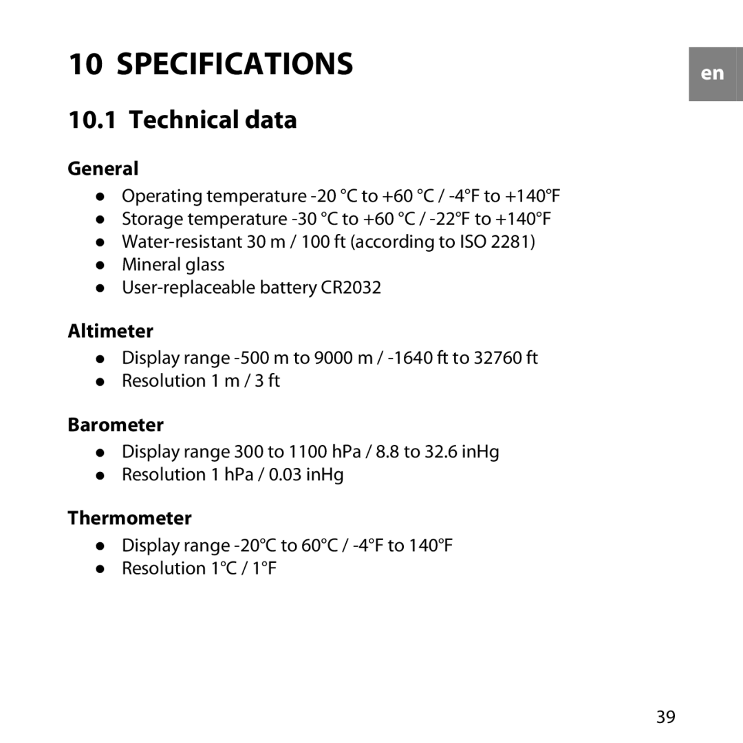 Suunto LUMI manual Specifications, Technical data 