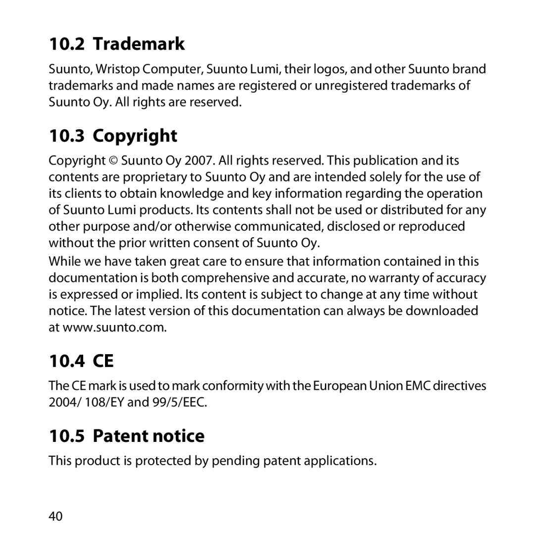 Suunto LUMI manual Trademark, Copyright, 10.4 CE, Patent notice 