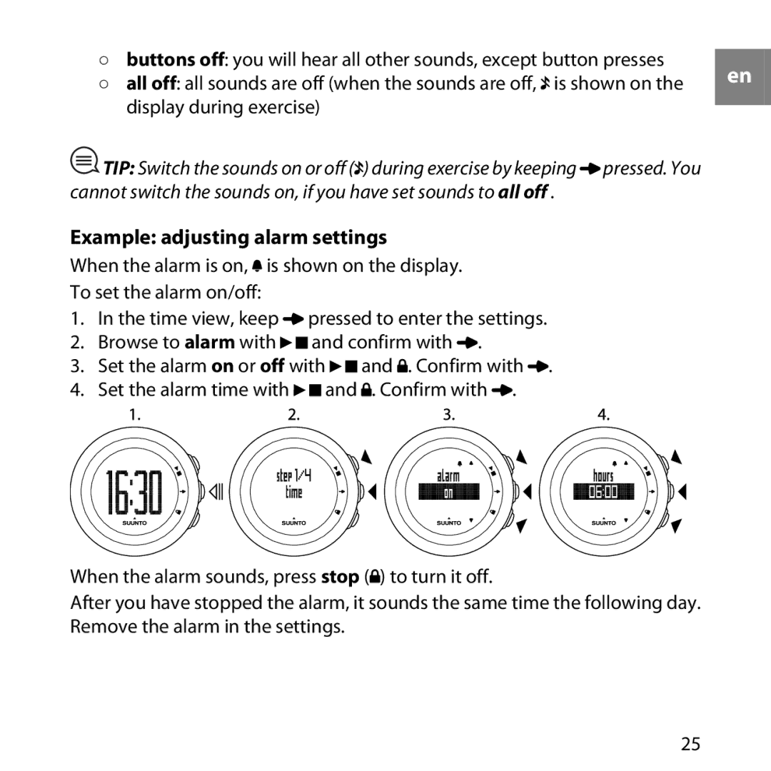 Suunto M1, M2 manual Display during exercise, Example adjusting alarm settings 