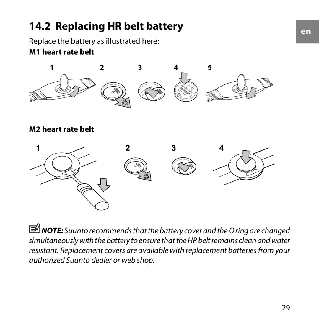 Suunto M1, M2 manual Replacing HR belt battery 