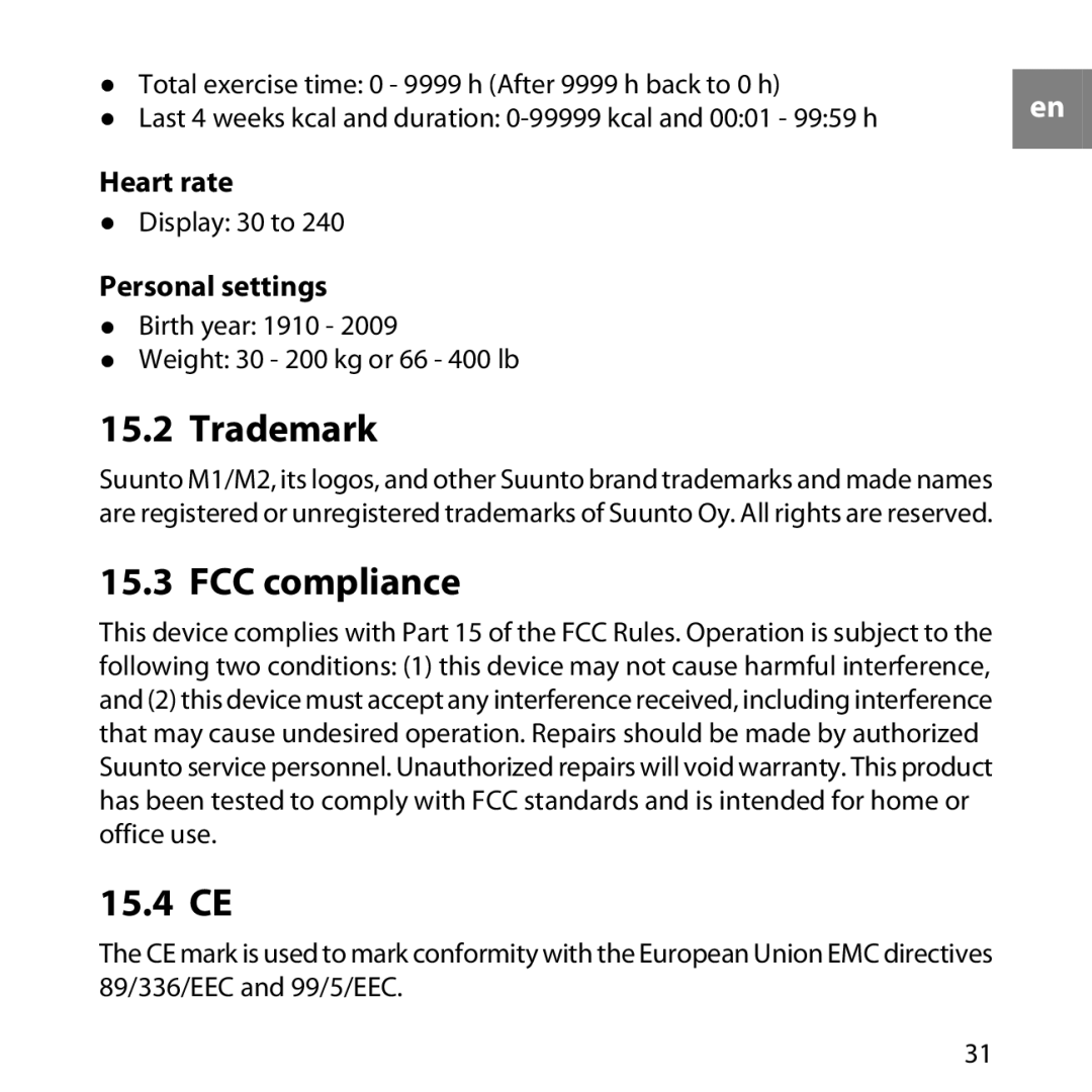 Suunto M1, M2 manual Trademark, FCC compliance, 15.4 CE, Heart rate, Personal settings 