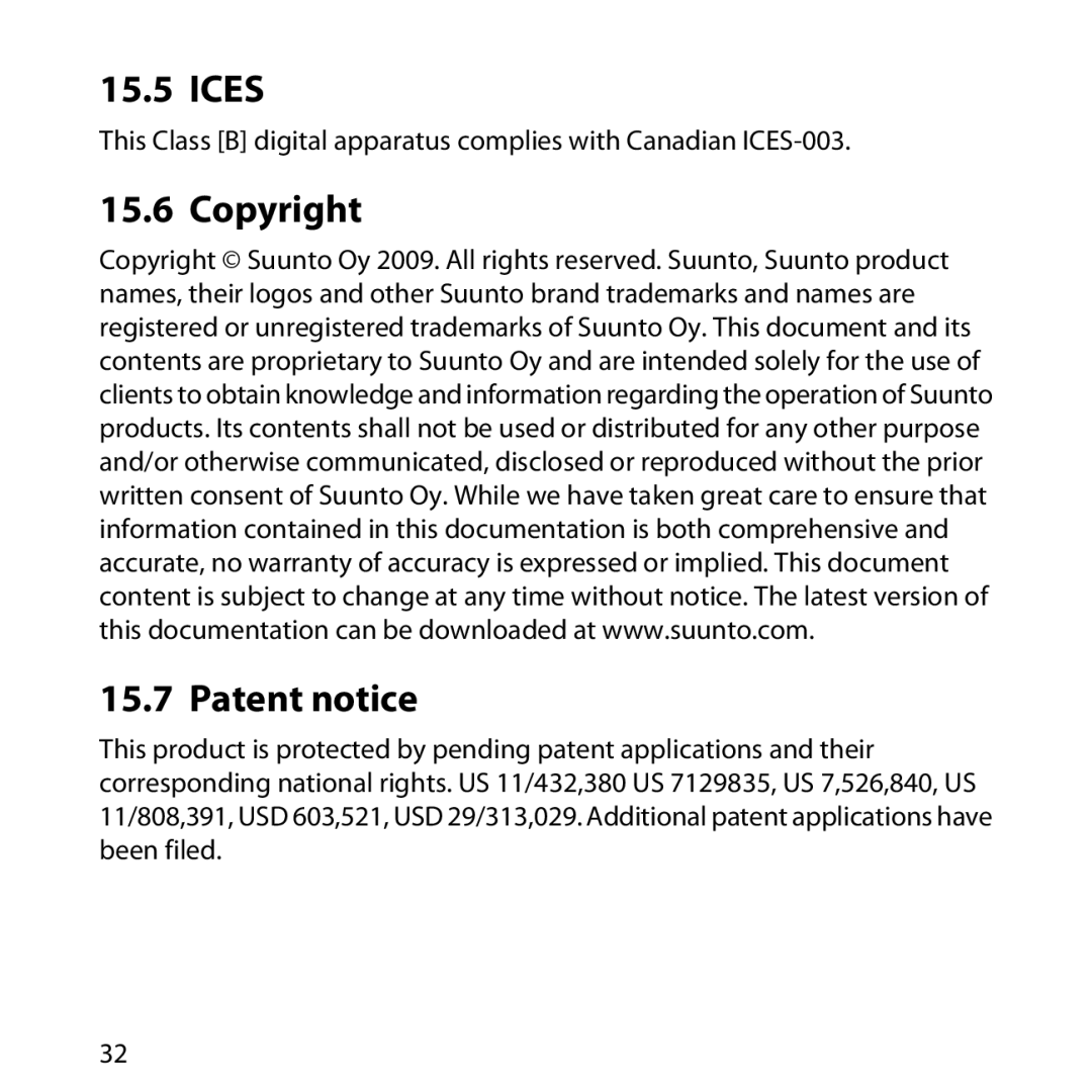 Suunto M2, M1 manual Ices, Copyright Patent notice 