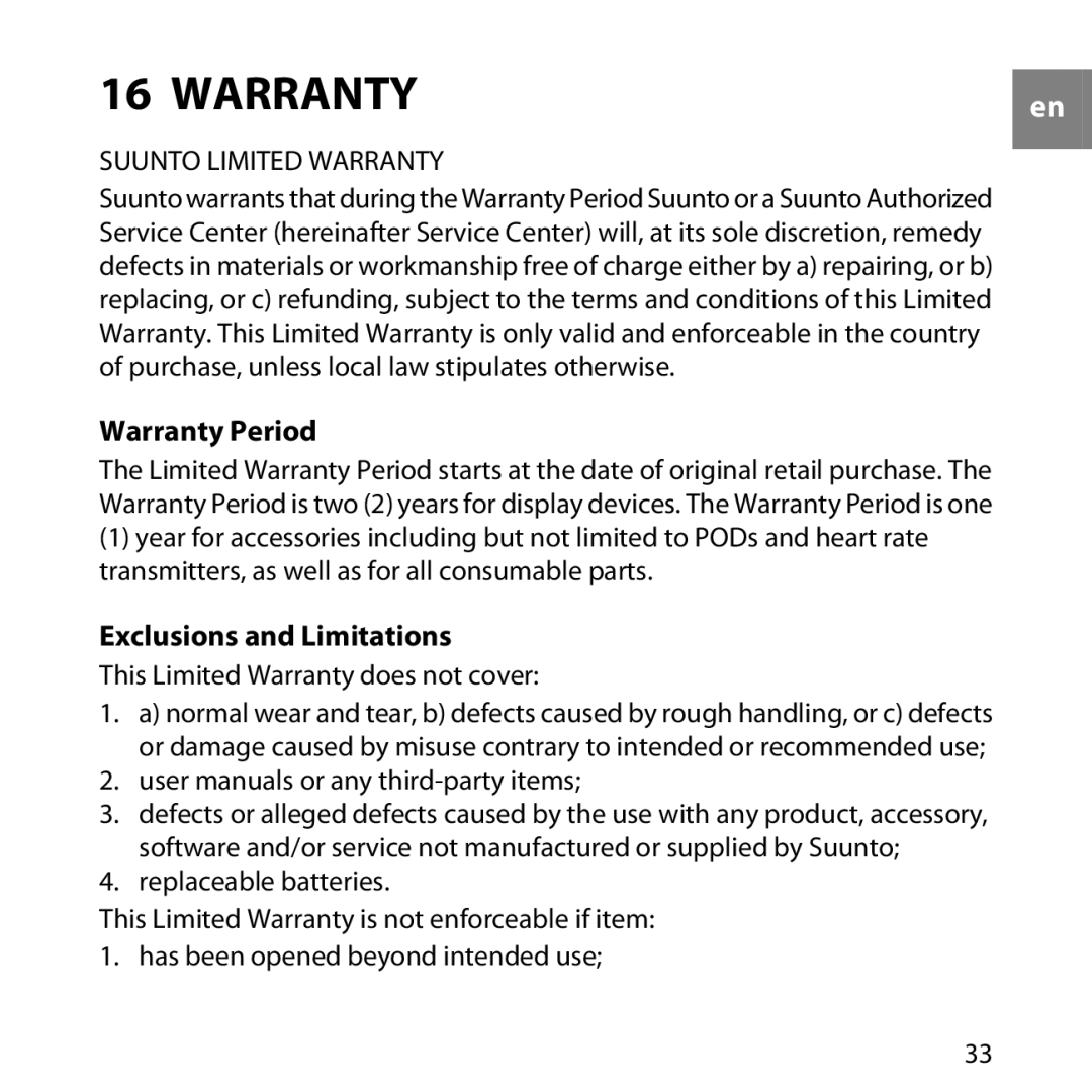 Suunto M1, M2 manual Warranty Period, Exclusions and Limitations 