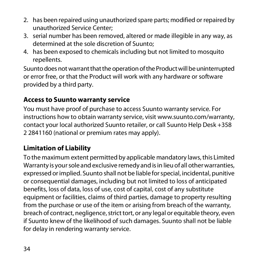 Suunto M2, M1 manual Access to Suunto warranty service Limitation of Liability 