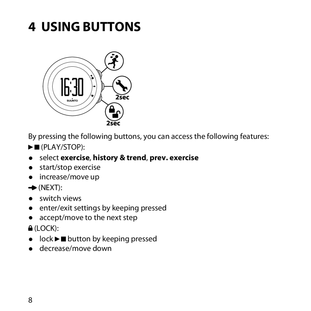 Suunto M2, M1 manual Using Buttons, Select exercise, history & trend, prev. exercise 