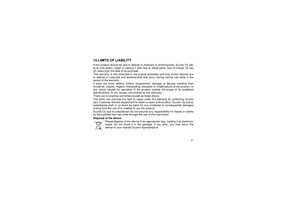 Suunto M3 manual Limits of Liability, Disposal of the device 