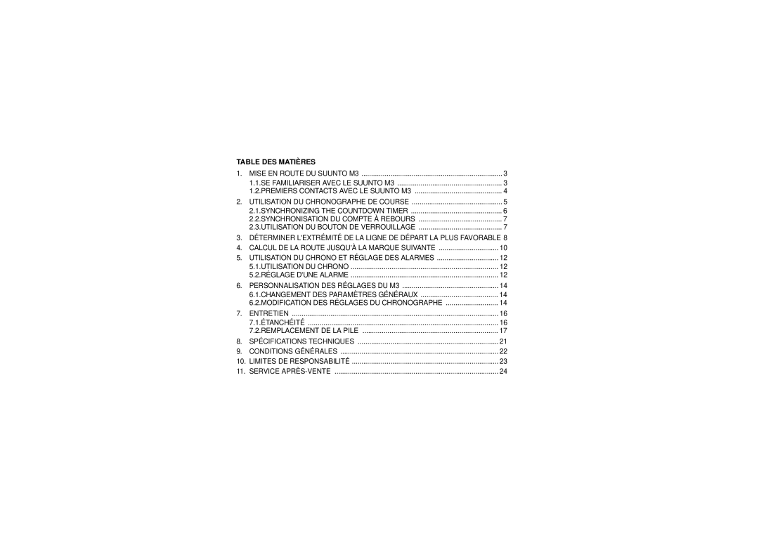 Suunto M3 manual Table DES Matières, Remplacement DE LA Pile 