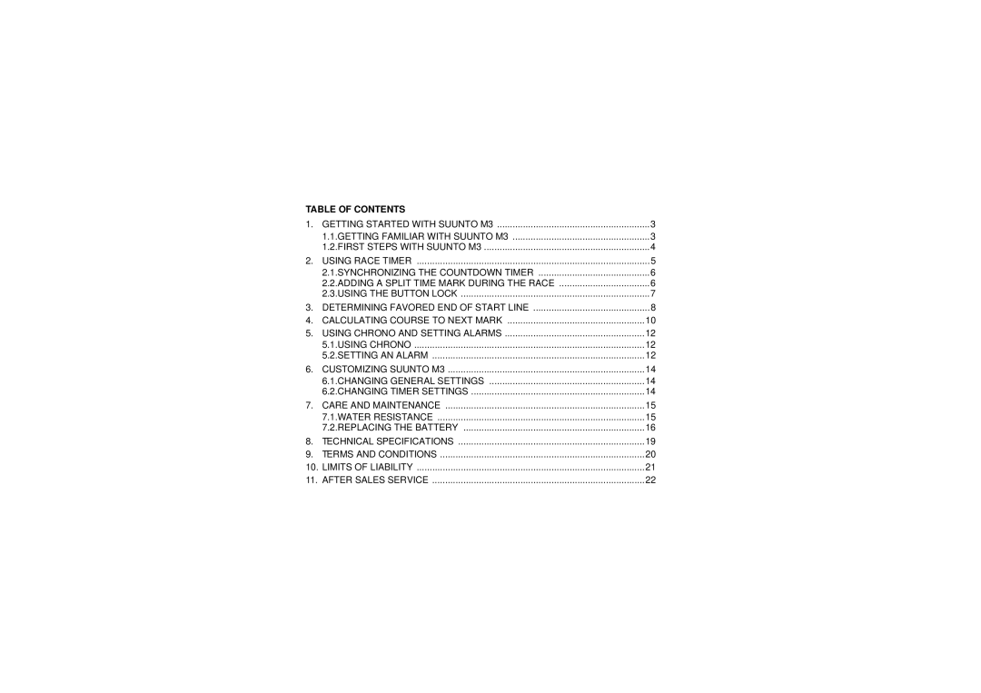 Suunto M3 manual Table of Contents 