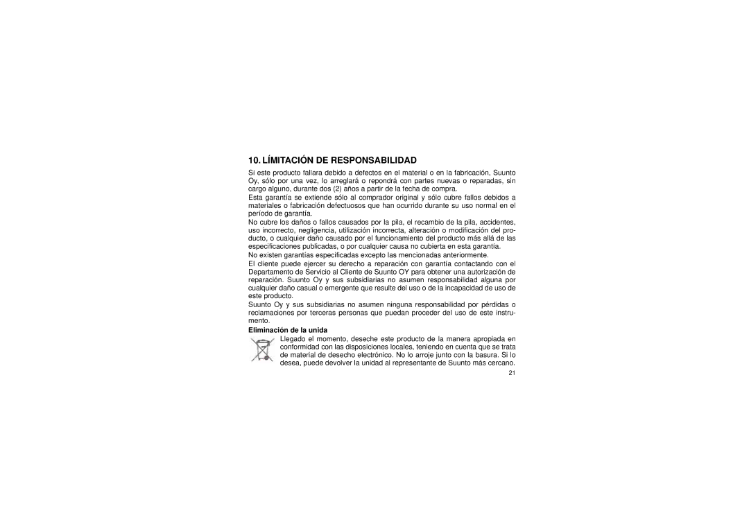 Suunto M3 manual 10. Límitación DE Responsabilidad, Eliminación de la unida 