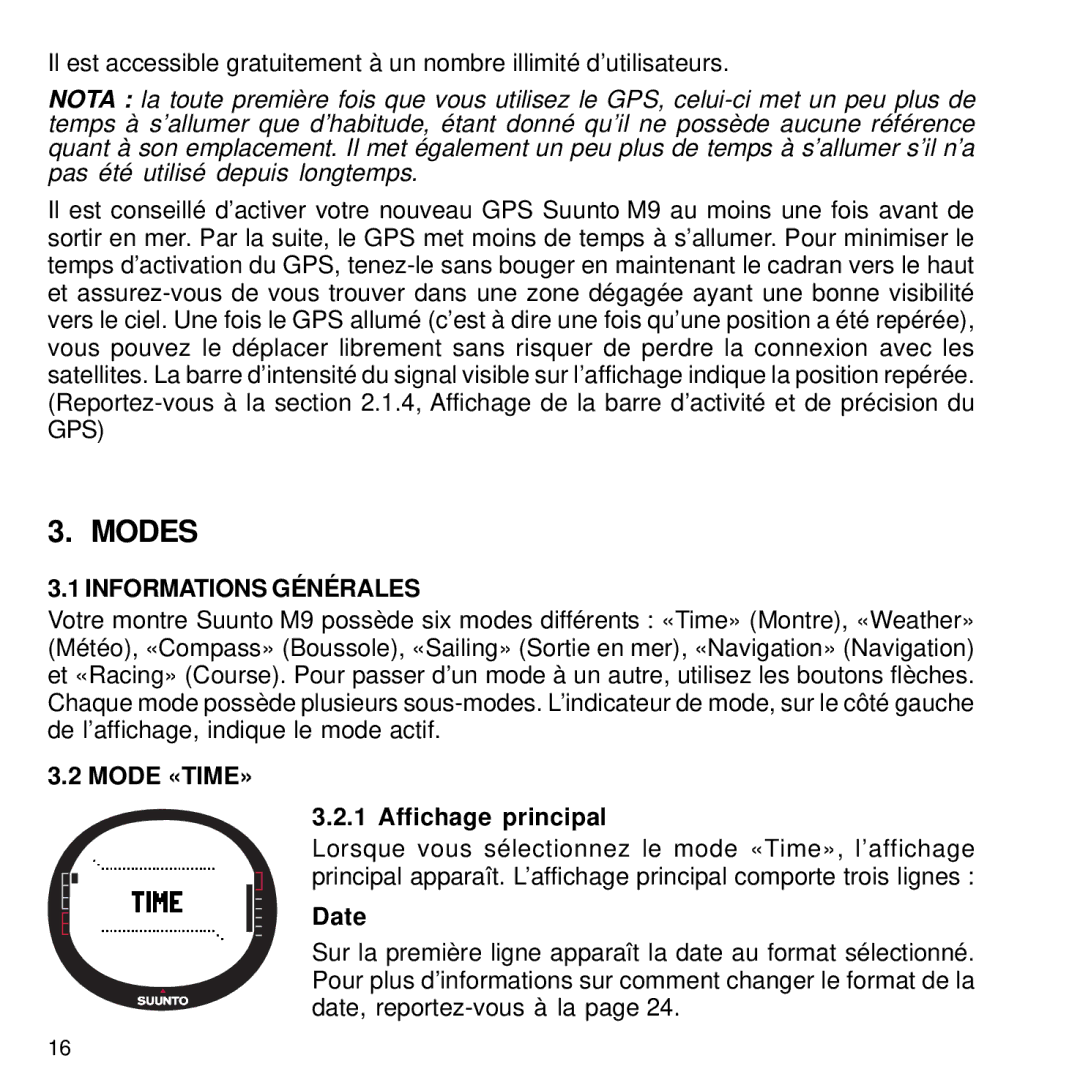 Suunto M9 manual Modes, Informations Générales, Mode «TIME», Affichage principal, Date 