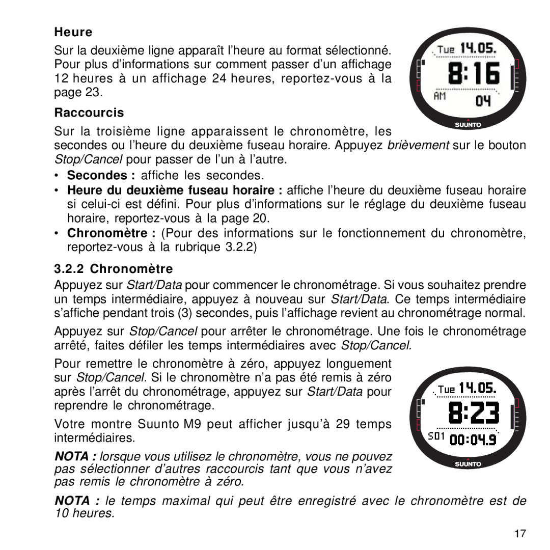 Suunto M9 manual Heure, Raccourcis, Chronomètre 