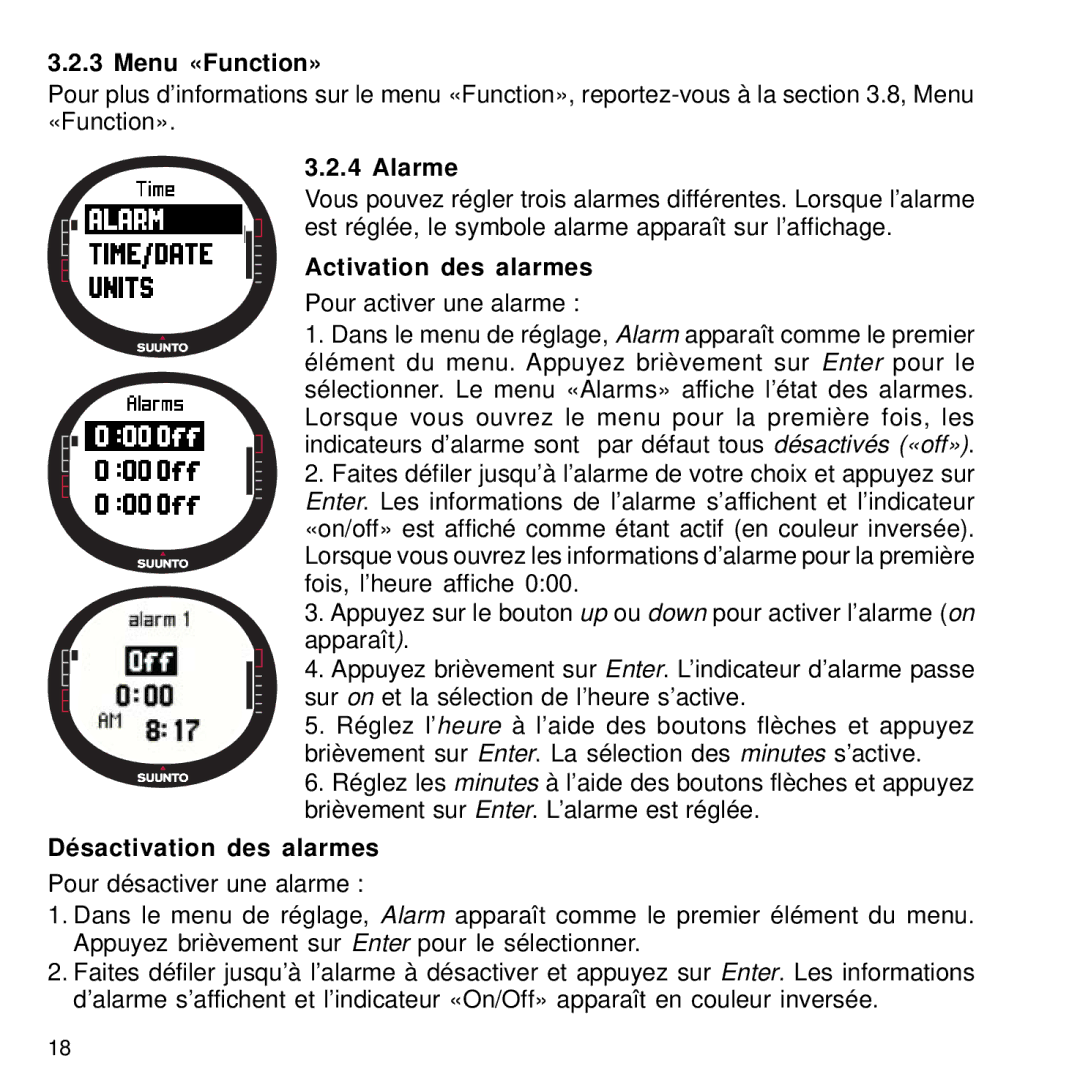 Suunto M9 manual Menu «Function», Alarme, Activation des alarmes, Désactivation des alarmes 