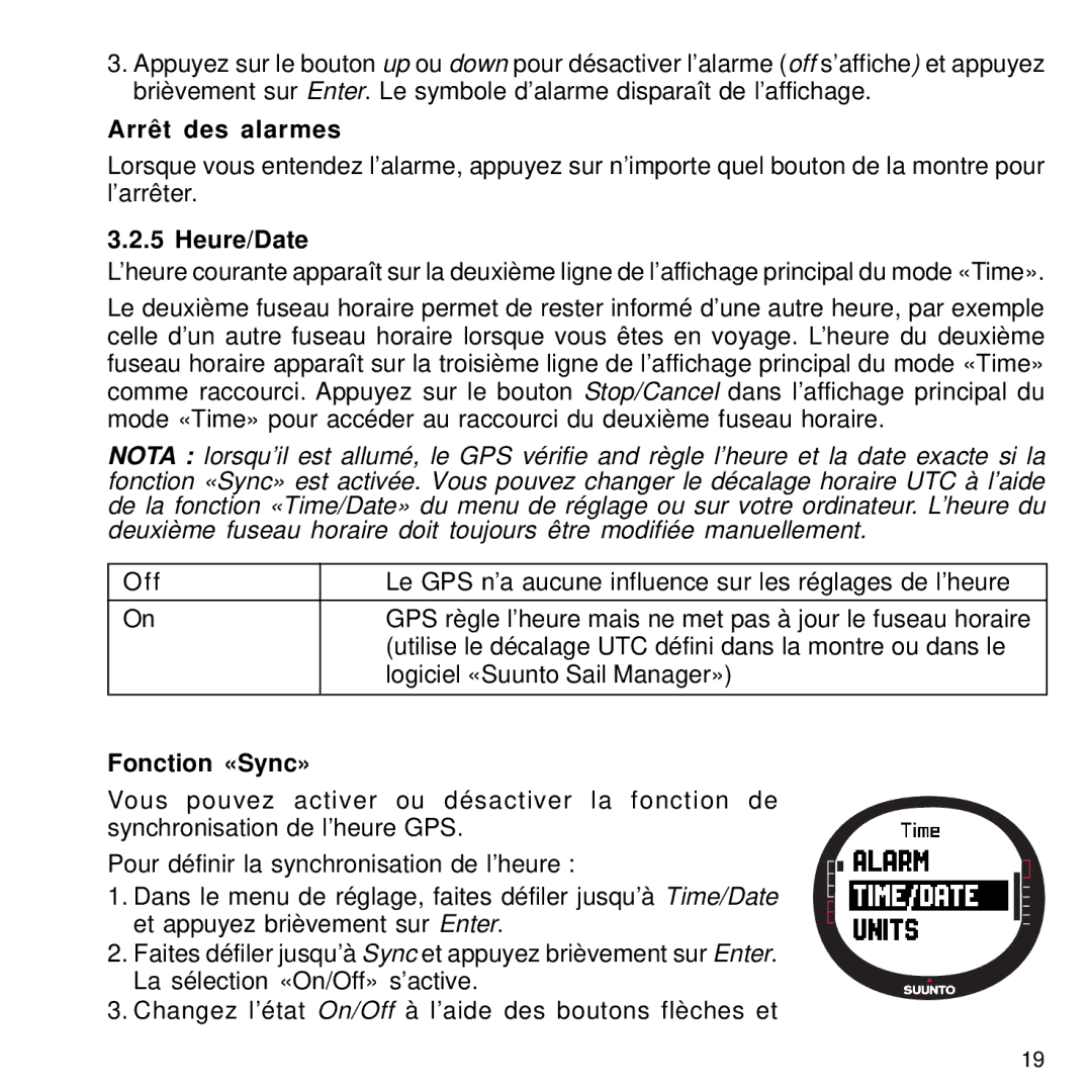 Suunto M9 manual Arrêt des alarmes, Heure/Date, Fonction «Sync» 