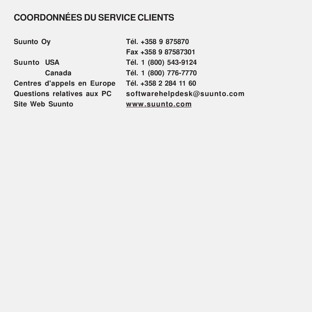 Suunto M9 manual Coordonnées DU Service Clients 