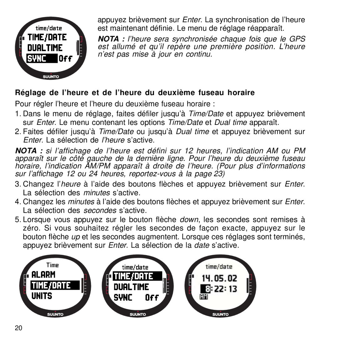 Suunto M9 manual Réglage de l’heure et de l’heure du deuxième fuseau horaire 