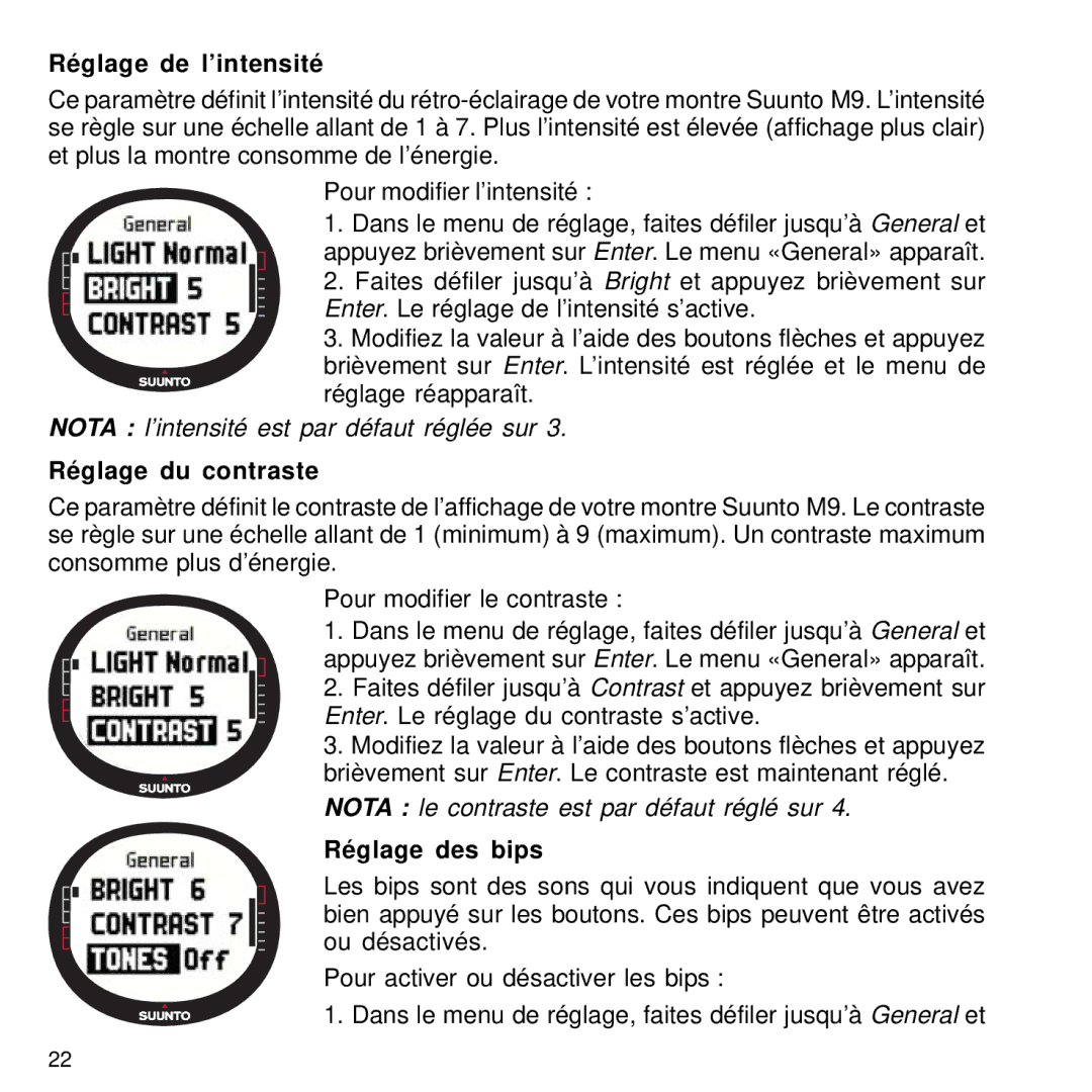 Suunto M9 manual Réglage de l’intensité, Réglage du contraste, Réglage des bips 