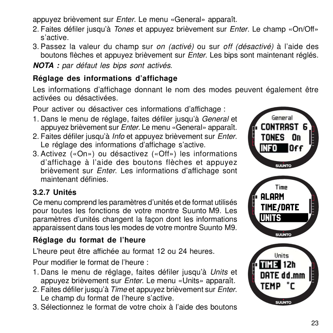 Suunto M9 manual Réglage des informations d’affichage, Unités, Réglage du format de l’heure 