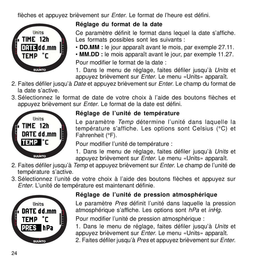 Suunto M9 Réglage du format de la date, Réglage de l’unité de température, Réglage de l’unité de pression atmosphérique 