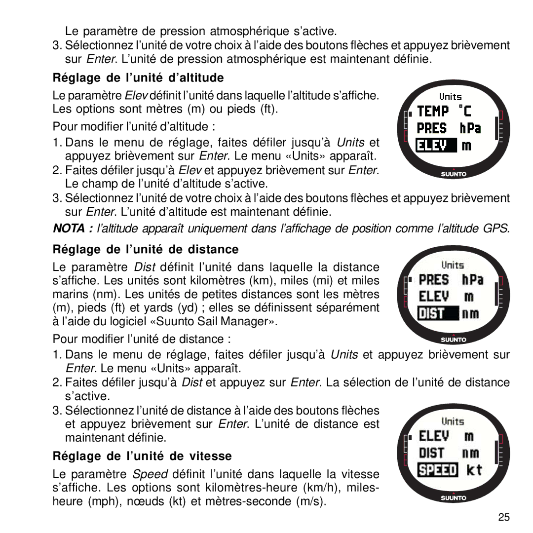 Suunto M9 manual Réglage de l’unité d’altitude, Réglage de l’unité de distance, Réglage de l’unité de vitesse 