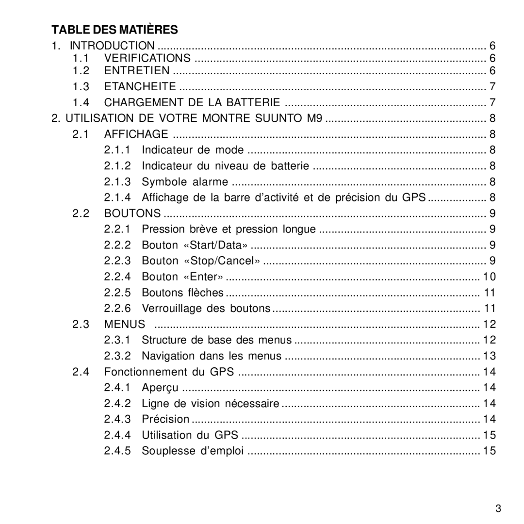 Suunto M9 manual Table DES Matières 