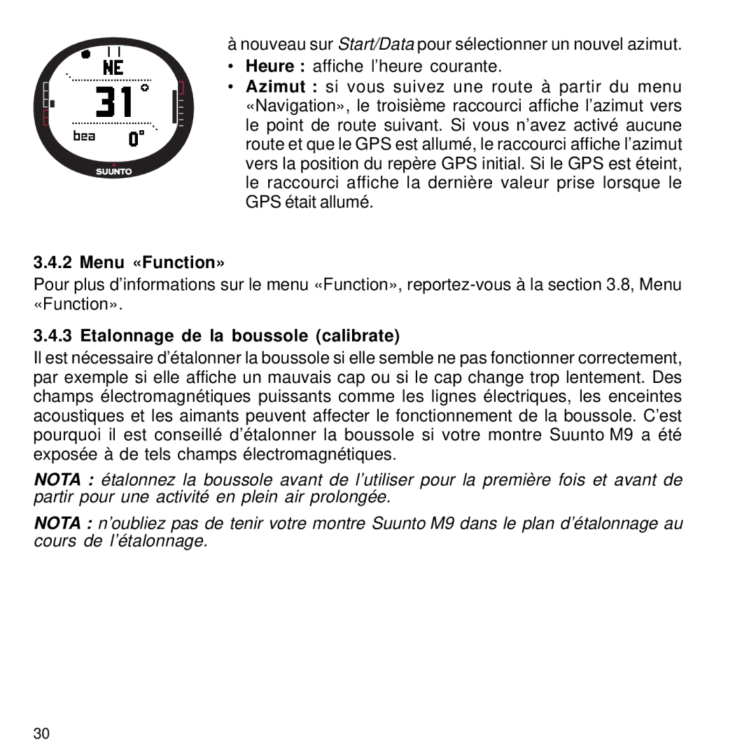 Suunto M9 manual Menu «Function», Etalonnage de la boussole calibrate 