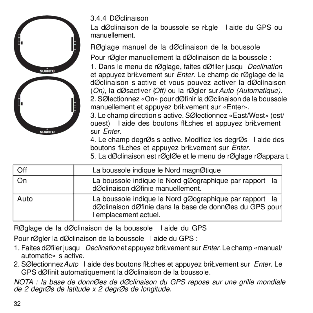 Suunto M9 manual Off Auto 4 Déclinaison, Réglage manuel de la déclinaison de la boussole 