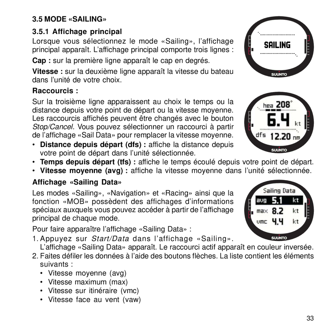 Suunto M9 manual Mode «SAILING», Distance depuis départ dfs affiche la distance depuis, Affichage «Sailing Data» 