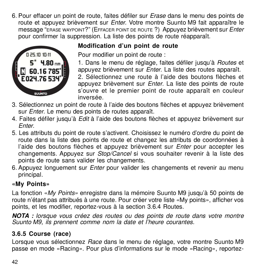 Suunto M9 manual Modification d’un point de route, «My Points», Course race 