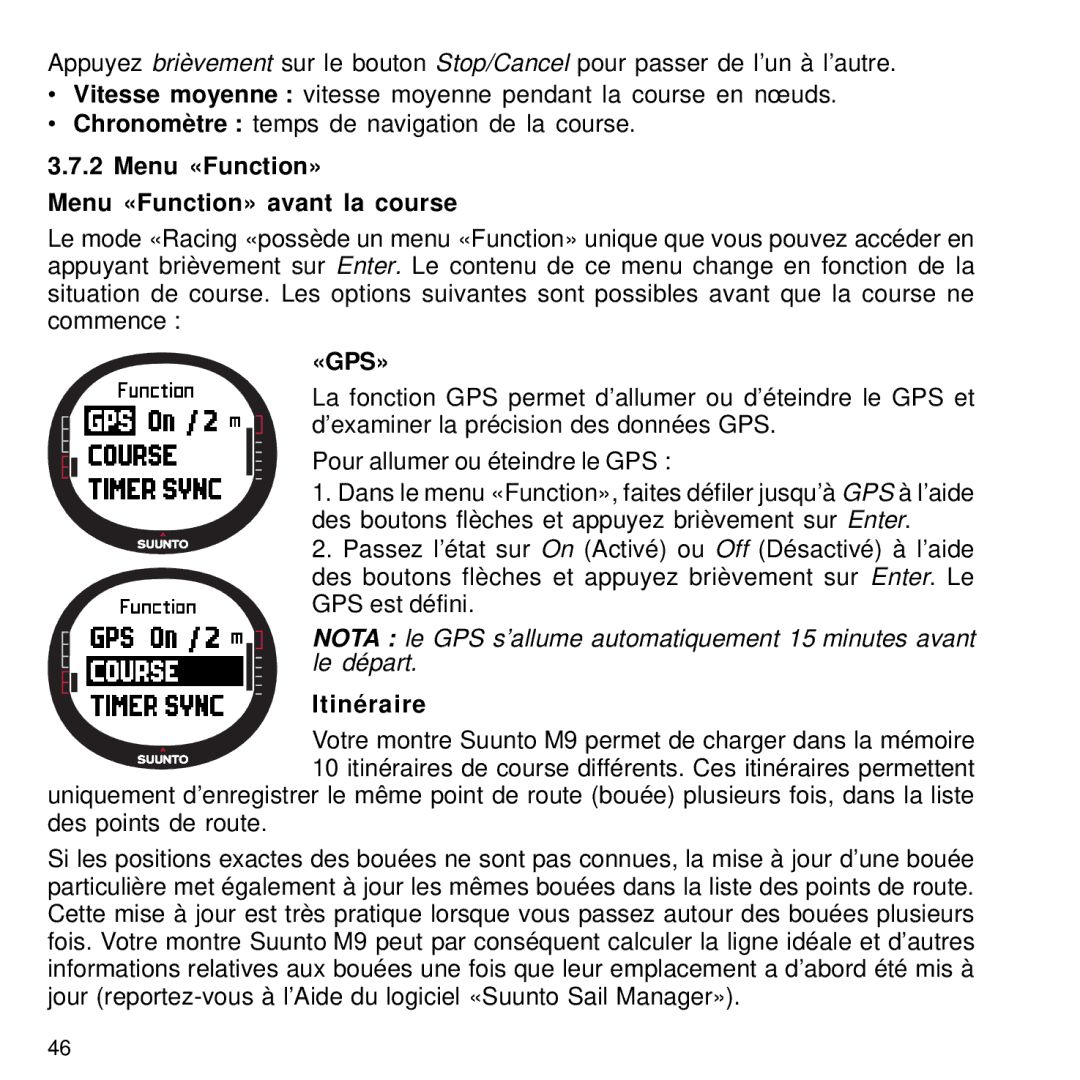 Suunto M9 manual Menu «Function» Menu «Function» avant la course, «Gps», Itinéraire 