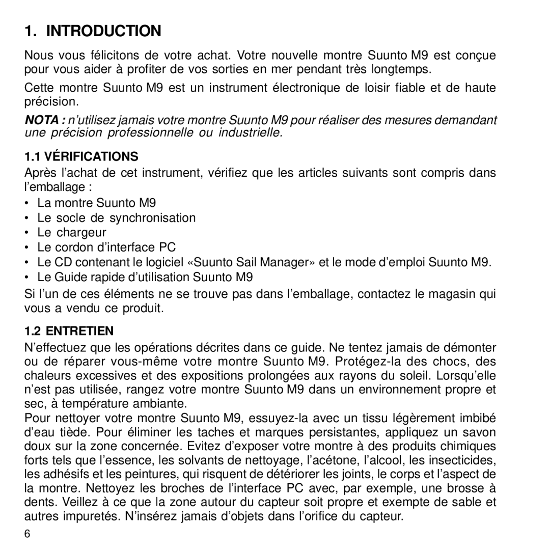 Suunto M9 manual Introduction, Vérifications, Entretien 