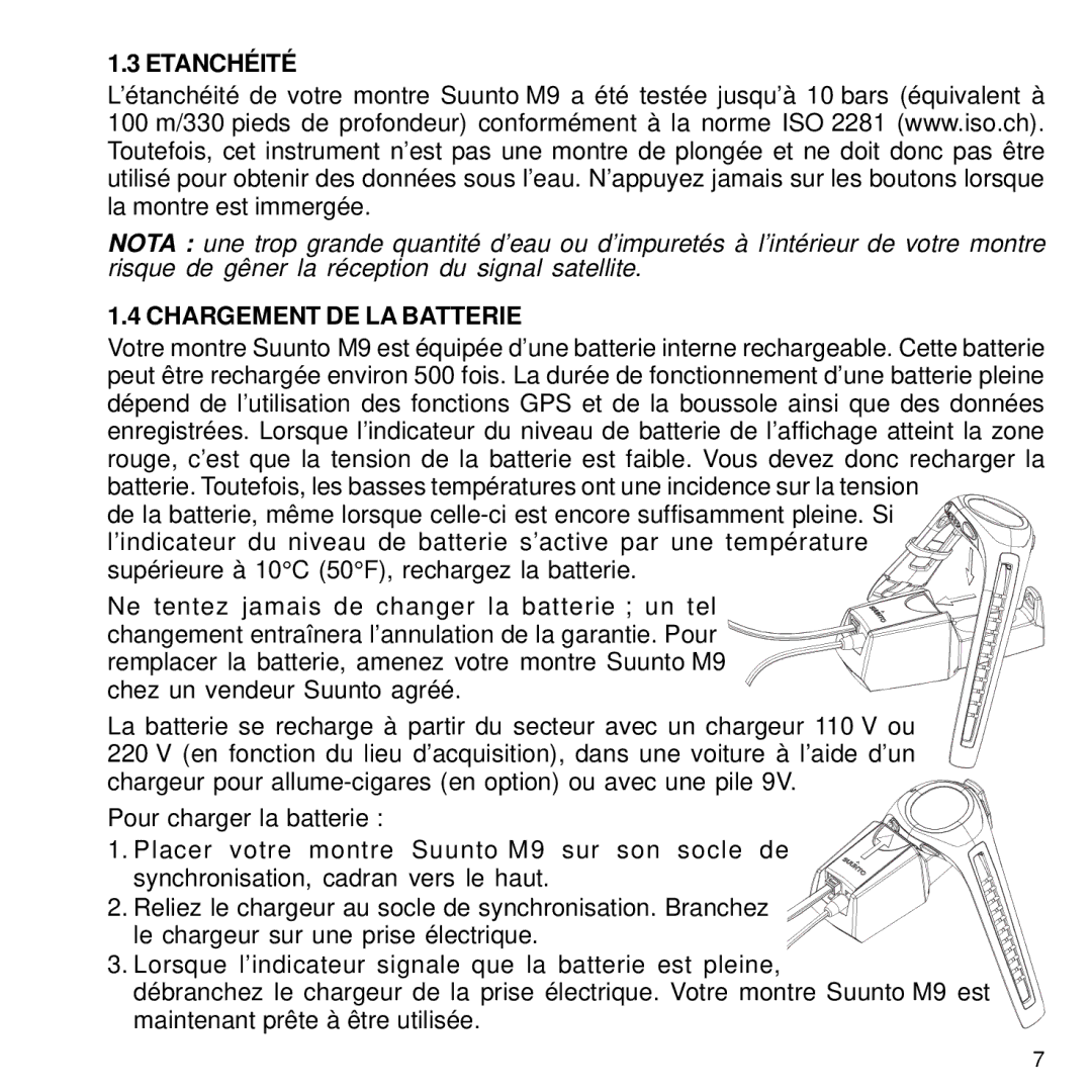 Suunto M9 manual Etanchéité, Chargement DE LA Batterie 