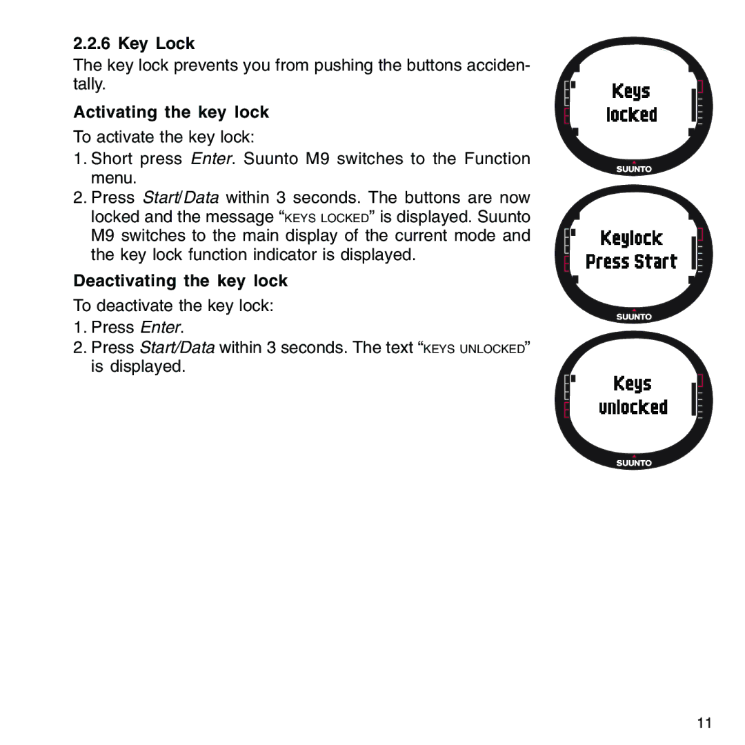 Suunto M9_en.p65 manual Key Lock, Activating the key lock, Deactivating the key lock 