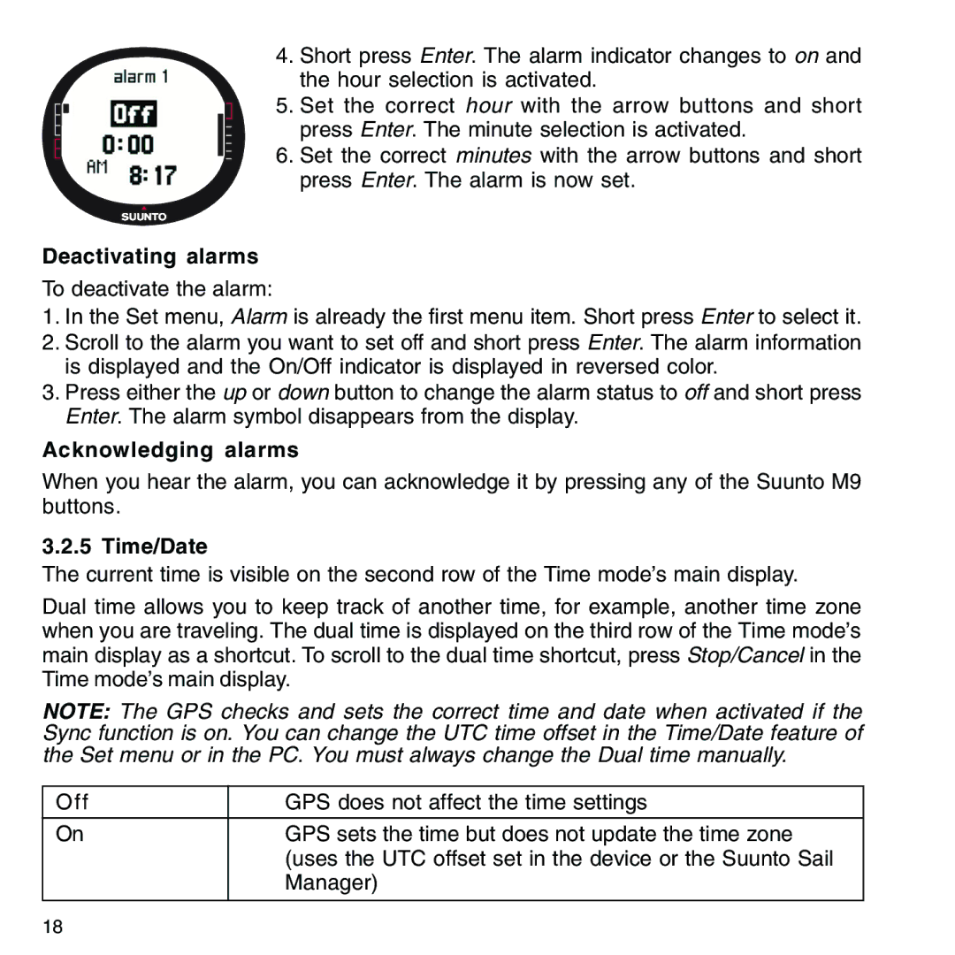 Suunto M9_en.p65 manual Deactivating alarms, Acknowledging alarms, Time/Date 