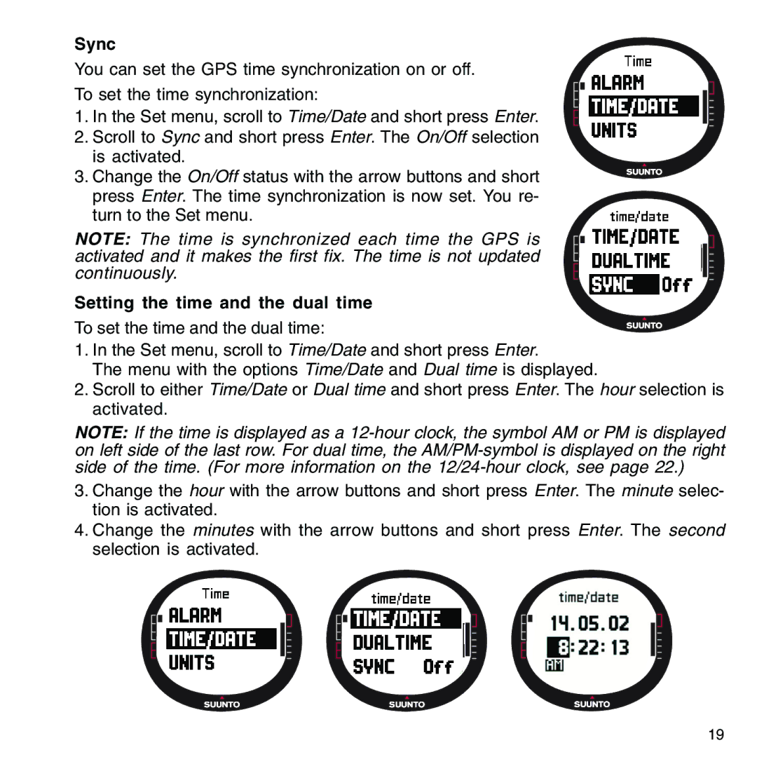 Suunto M9_en.p65 manual Sync, Setting the time and the dual time 