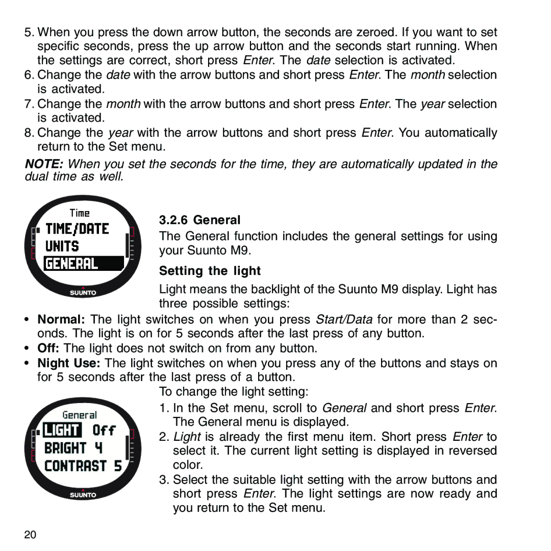 Suunto M9_en.p65 manual General, Setting the light 