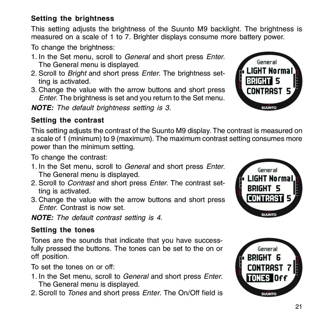 Suunto M9_en.p65 manual Setting the brightness, Setting the contrast, Setting the tones 