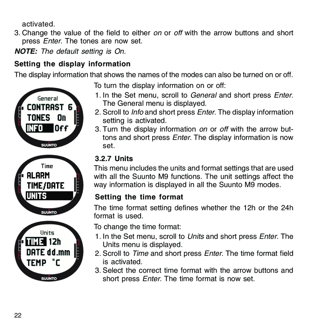 Suunto M9_en.p65 manual Setting the display information, Units, Setting the time format 