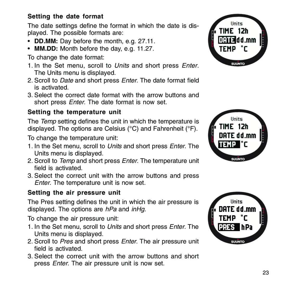 Suunto M9_en.p65 manual Setting the date format, Setting the temperature unit, Setting the air pressure unit 