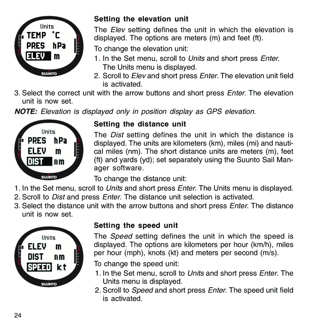 Suunto M9_en.p65 manual Setting the elevation unit, Setting the distance unit, Setting the speed unit 