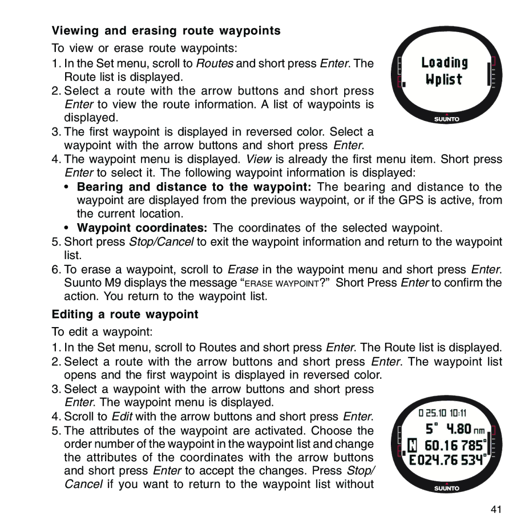 Suunto M9_en.p65 manual Viewing and erasing route waypoints, Editing a route waypoint 