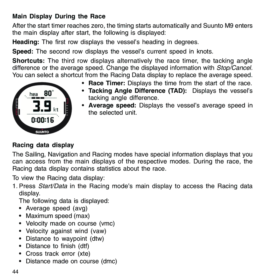 Suunto M9_en.p65 manual Main Display During the Race, Racing data display 