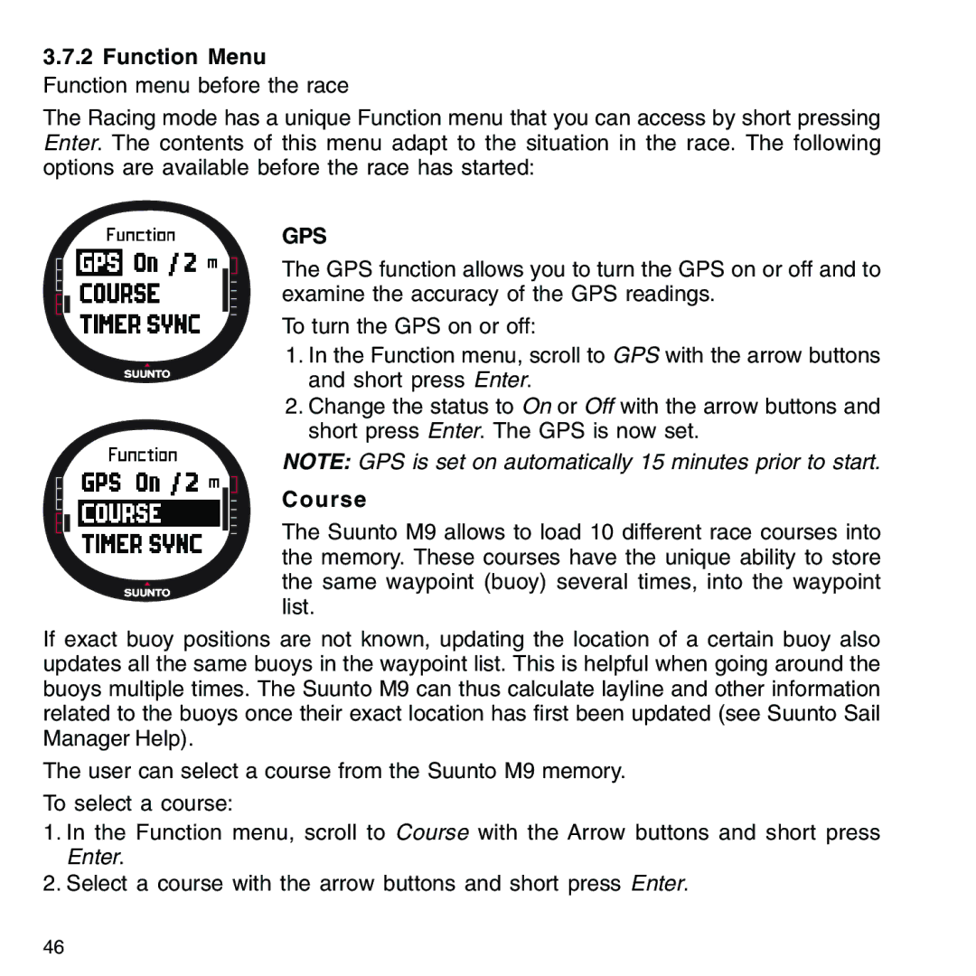 Suunto M9_en.p65 manual Function Menu Function menu before the race, Gps, Course 