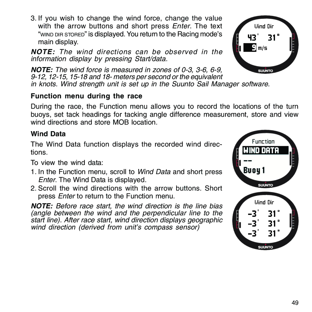 Suunto M9_en.p65 manual Function menu during the race, Wind Data 