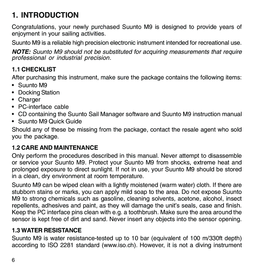 Suunto M9_en.p65 manual Introduction, Checklist, Care and Maintenance, Water Resistance 