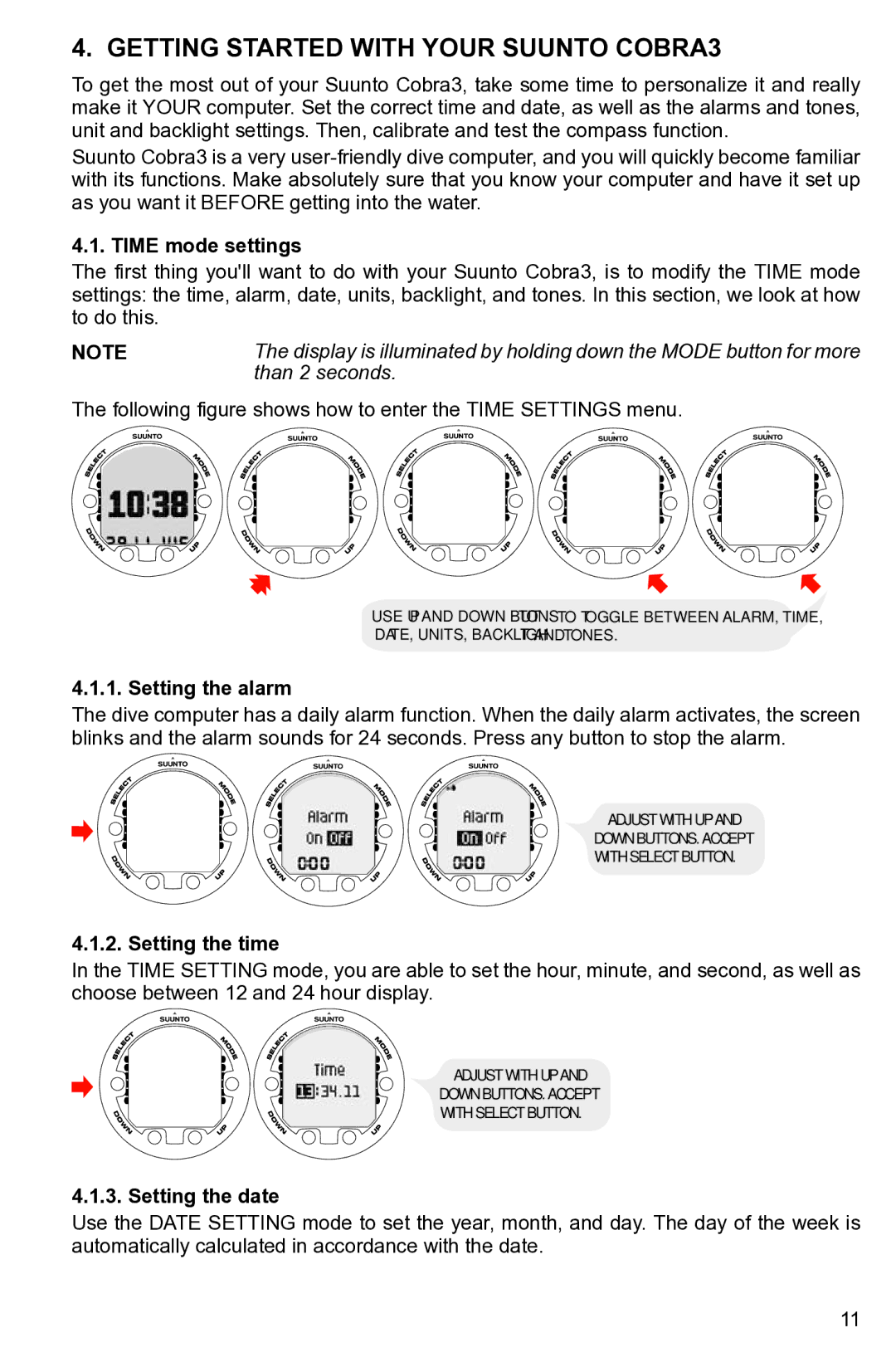 Suunto None manual Getting Started with Your Suunto COBRA3, Time mode settings, Setting the alarm, Setting the time 