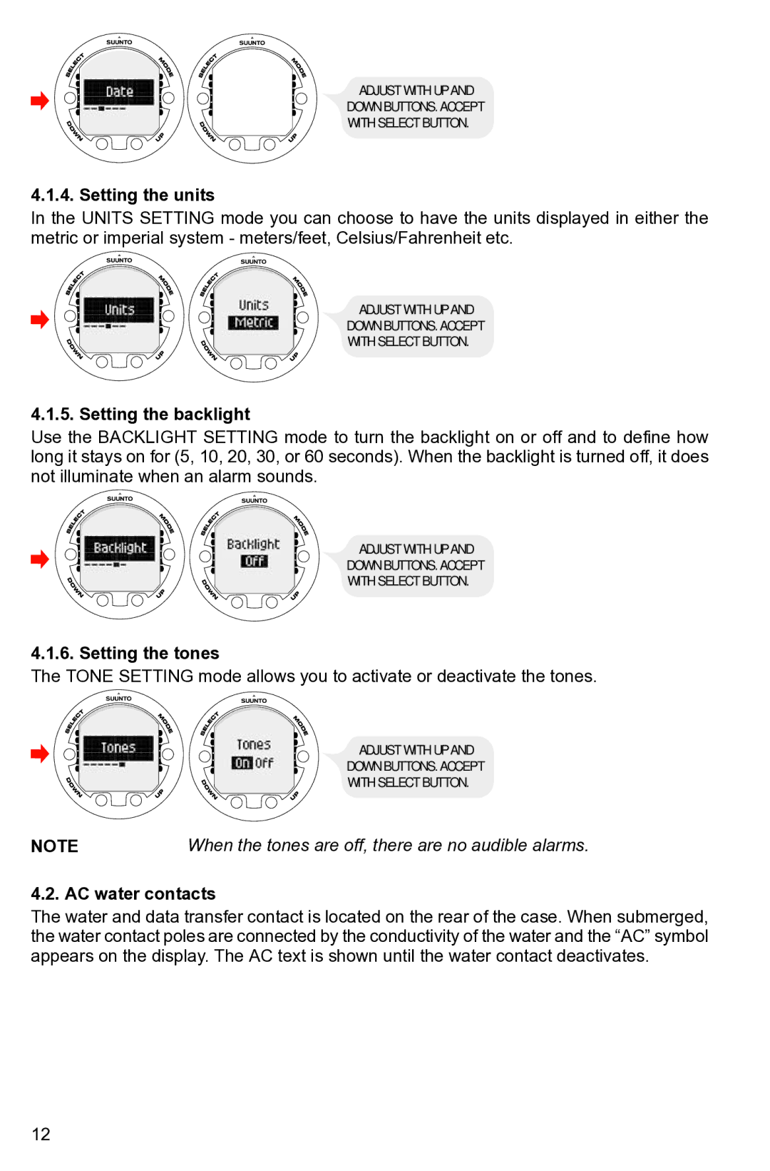 Suunto None manual Setting the units, Setting the backlight, Setting the tones, AC water contacts 