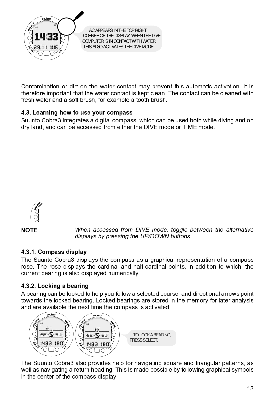 Suunto None Learning how to use your compass, Displays by pressing the UP/DOWN buttons, Compass display, Locking a bearing 