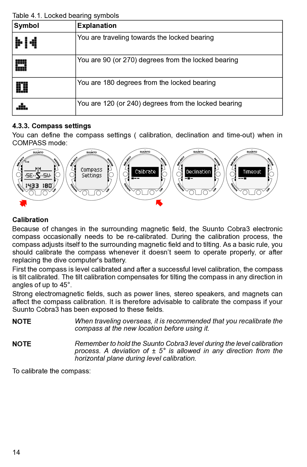 Suunto None manual Symbol Explanation, Compass settings, Calibration 