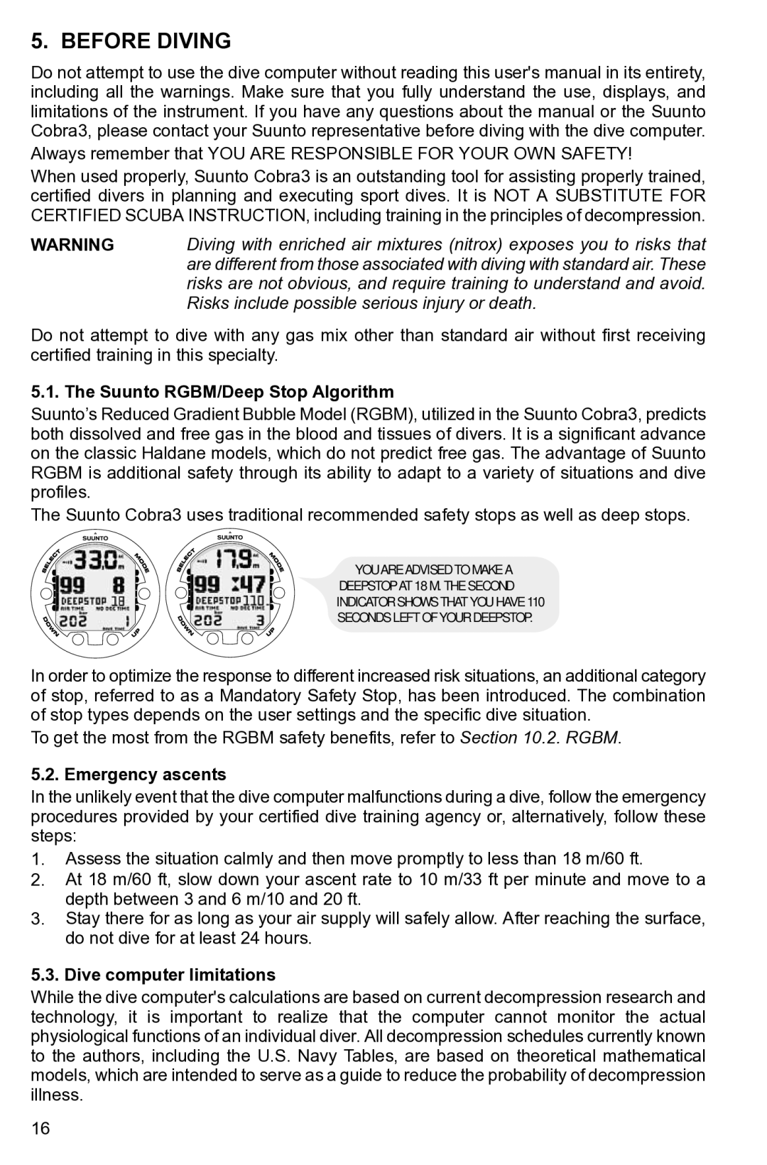 Suunto None manual Before Diving, Suunto RGBM/Deep Stop Algorithm, Emergency ascents, Dive computer limitations 