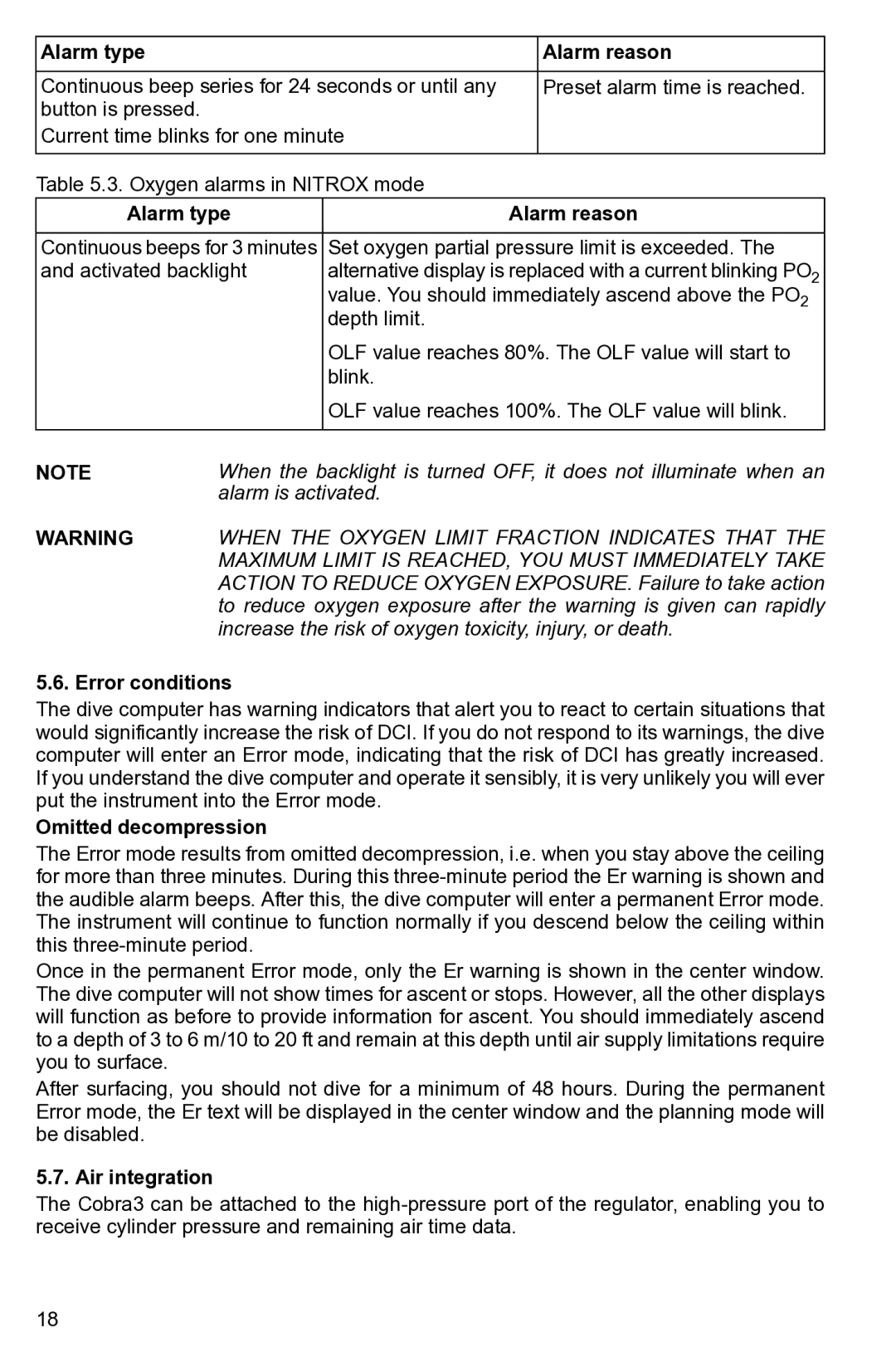 Suunto None manual Alarm type Alarm reason, Alarm is activated, Error conditions, Omitted decompression, Air integration 